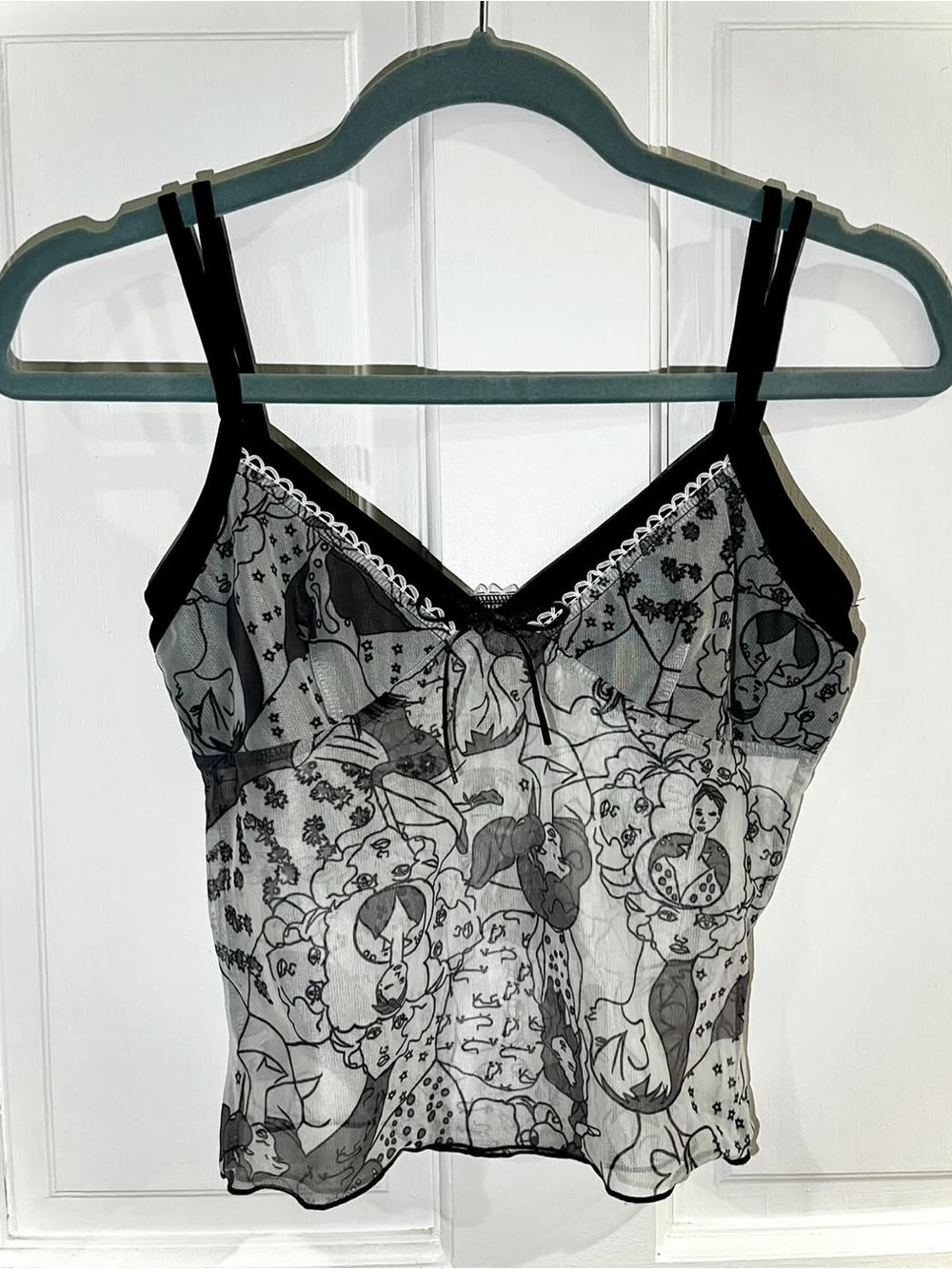 Sheer mesh artsy graphic Cami Tank Top - Black & White